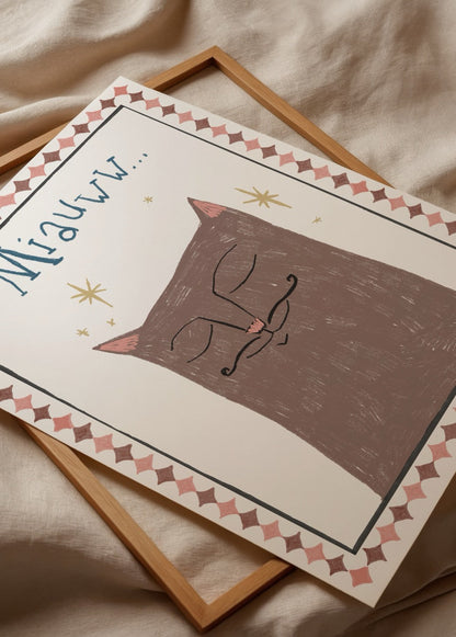 Whimsical illustration of a moustached cat with playful design.