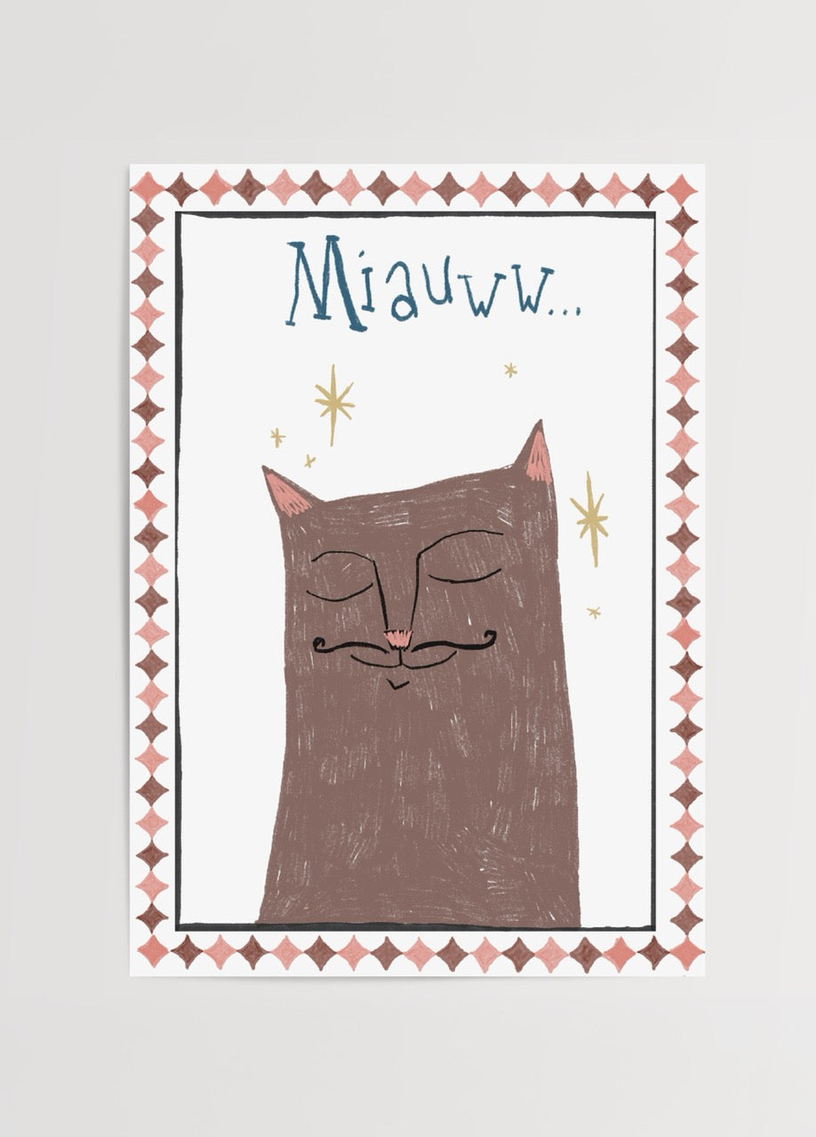 Whimsical illustration of a moustached cat with playful design.