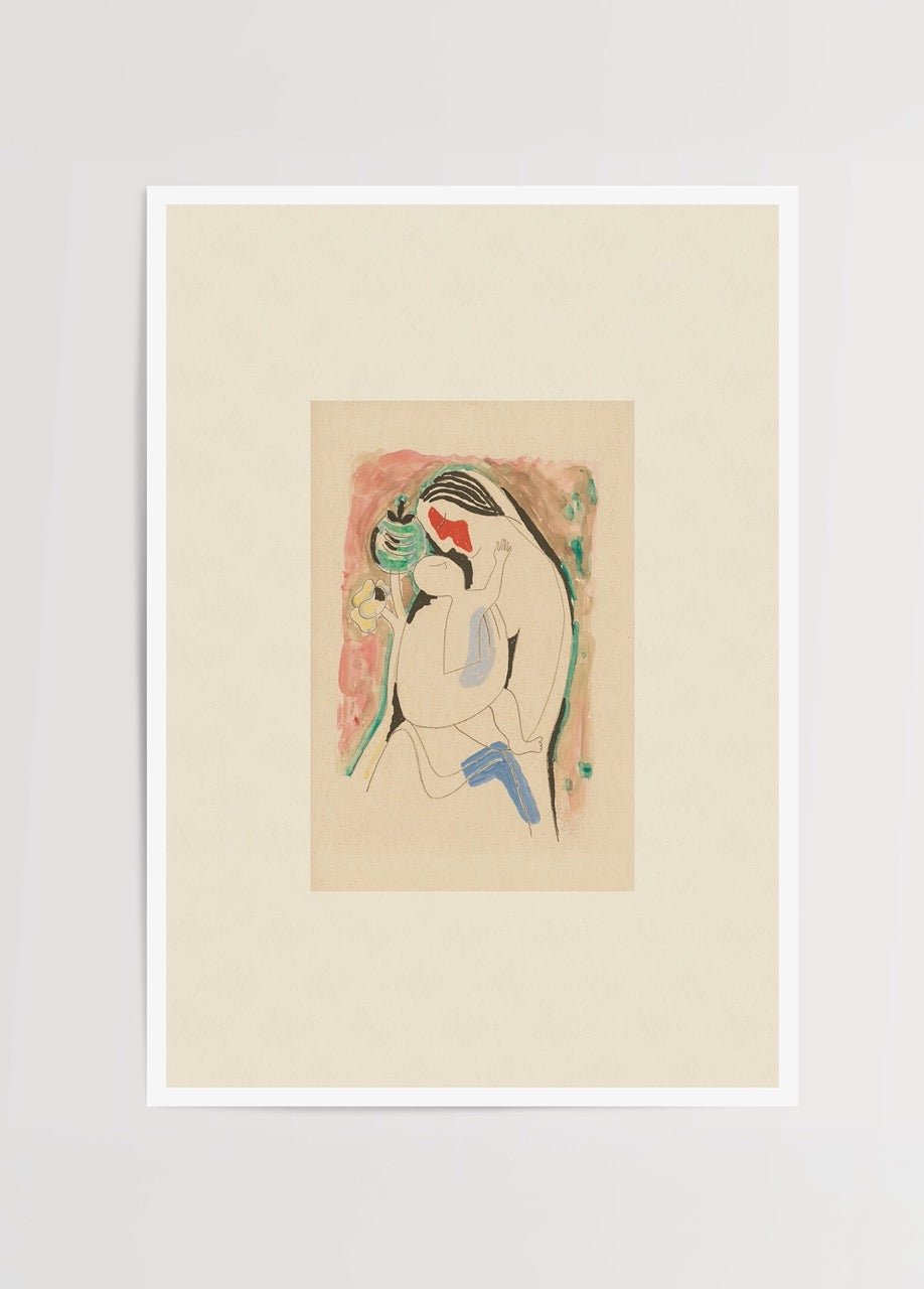 Modern art print of an embracing couple in vibrant colours.