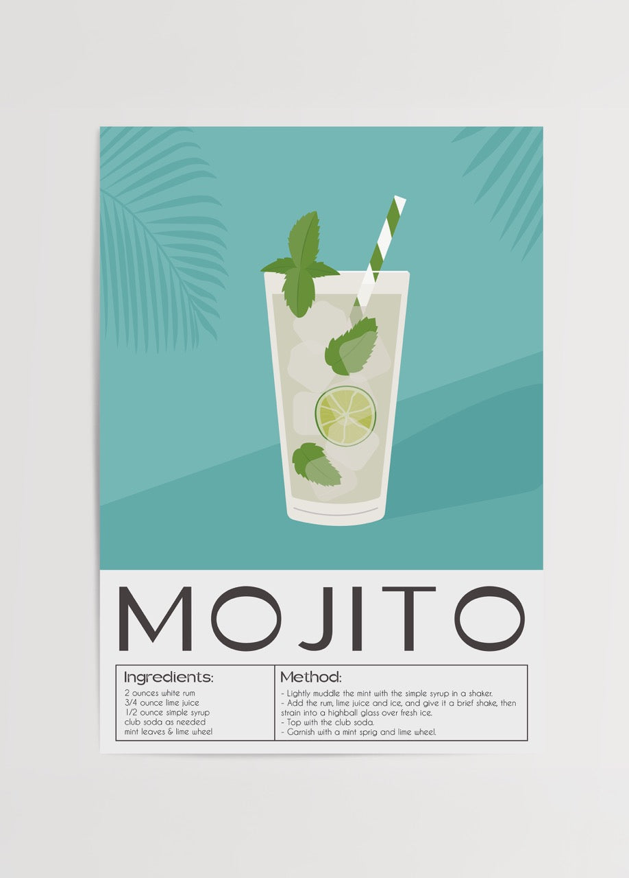 Vibrant illustration of a Mojito cocktail with recipe details.