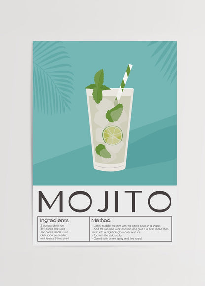 Vibrant illustration of a Mojito cocktail with recipe details.