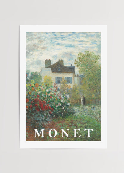 Impressionist garden painting featuring vibrant flowers and serene house.
