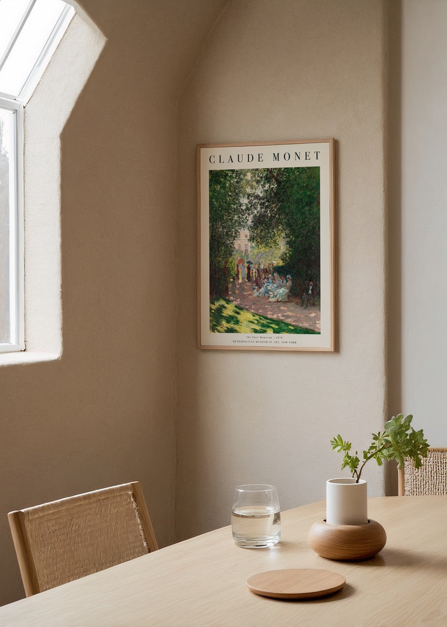 Artwork depicting a serene park scene at Parc Monceau, showcasing nature and leisure.