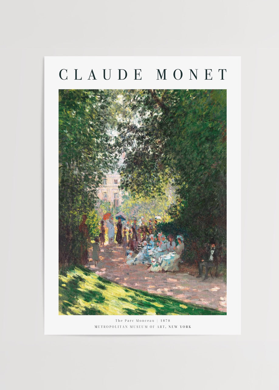 Artwork depicting a serene park scene at Parc Monceau, showcasing nature and leisure.