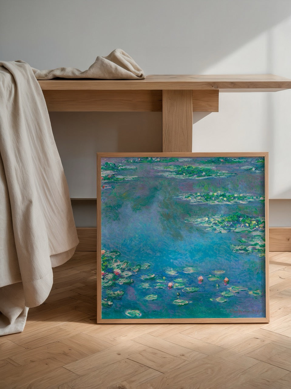 A peaceful lily pond print featuring vibrant water lilies and tranquil blue waters.