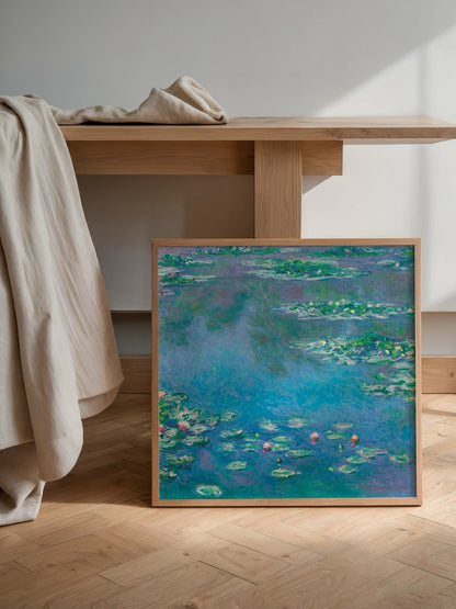 A peaceful lily pond print featuring vibrant water lilies and tranquil blue waters.