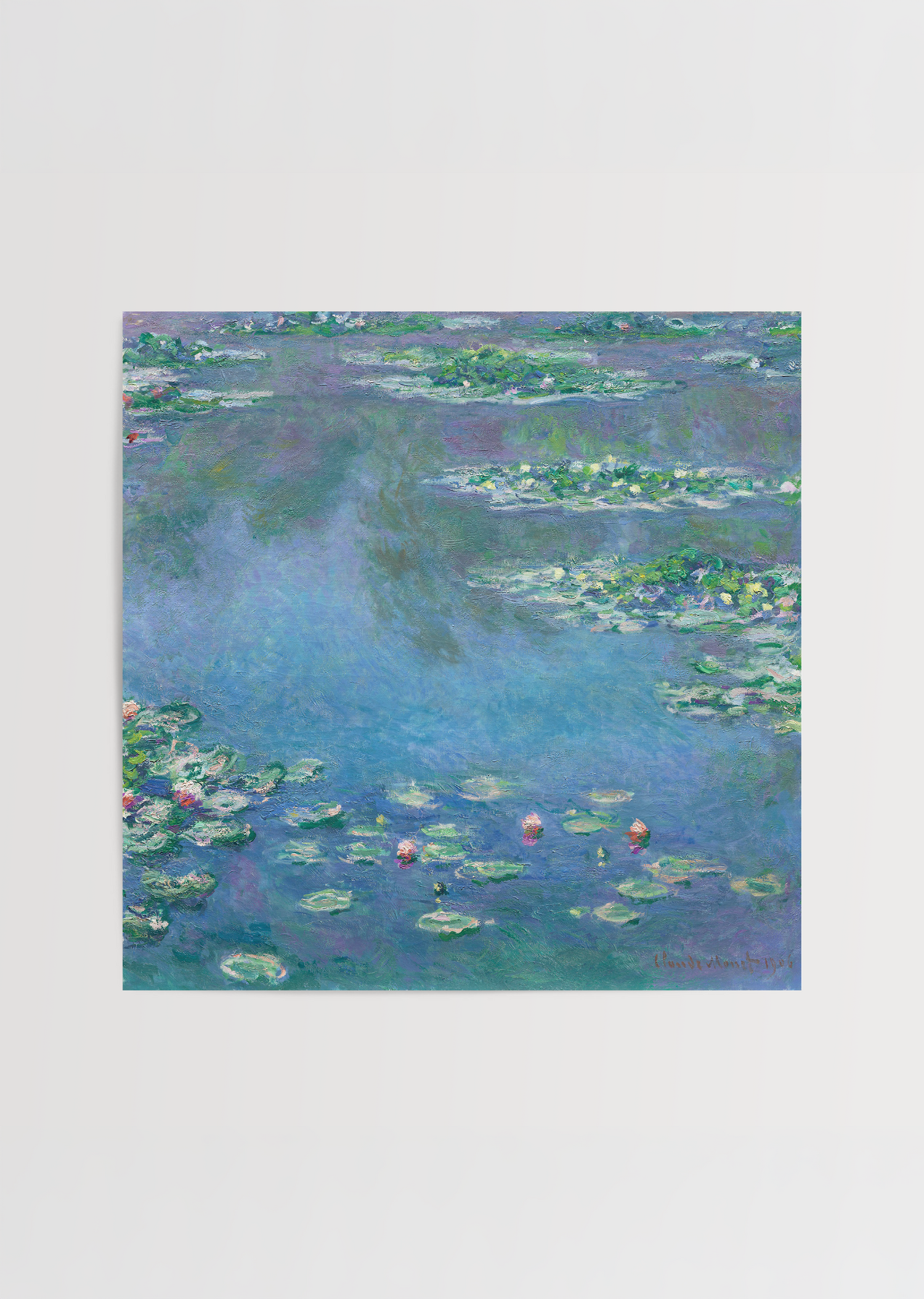 A peaceful lily pond print featuring vibrant water lilies and tranquil blue waters.