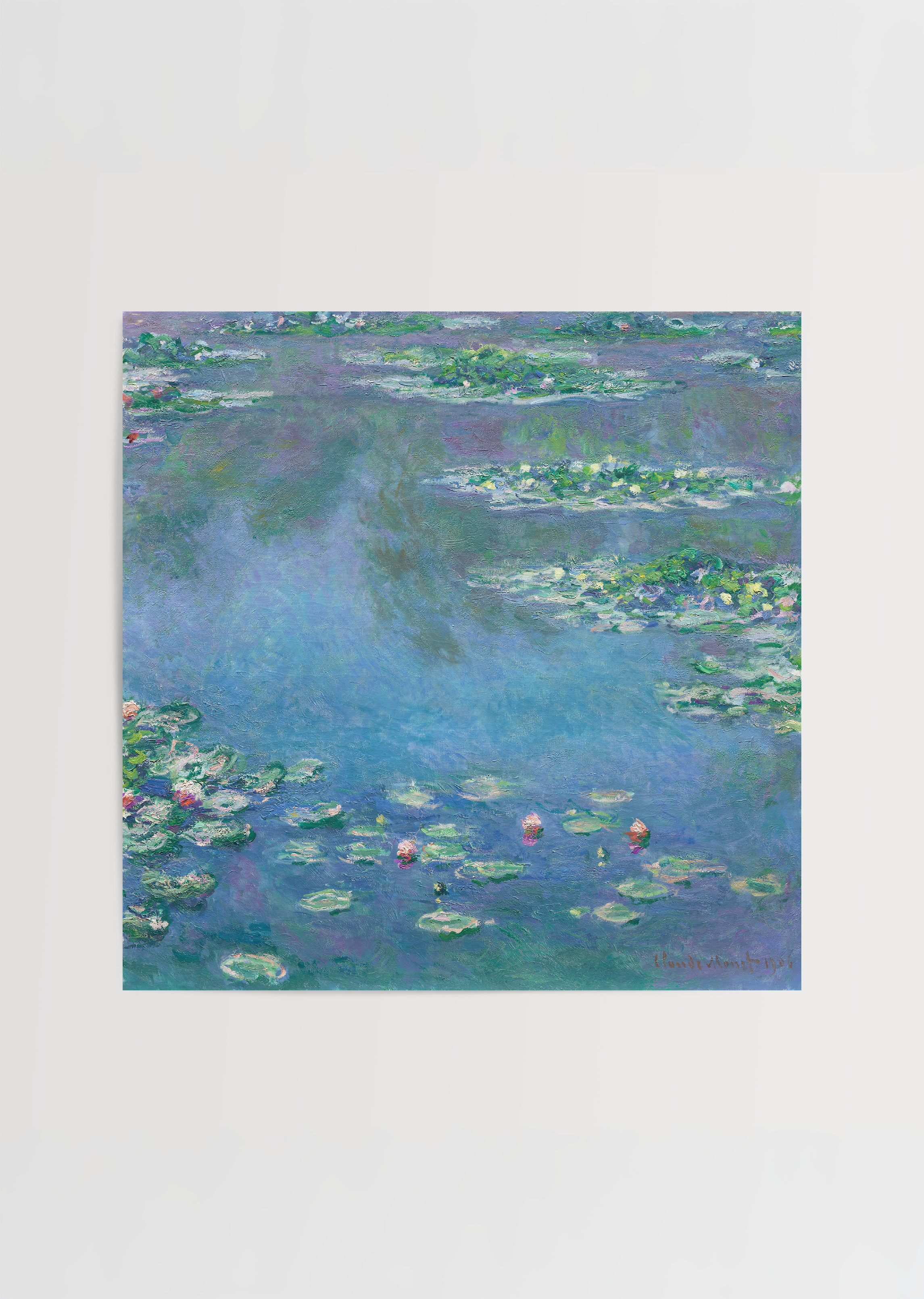 A peaceful lily pond print featuring vibrant water lilies and tranquil blue waters.