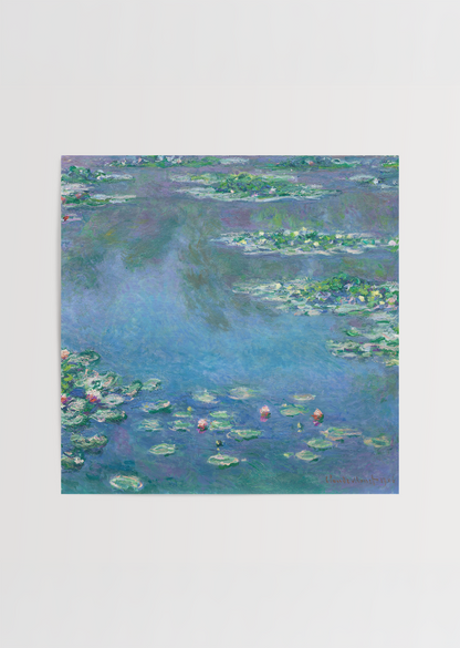 A peaceful lily pond print featuring vibrant water lilies and tranquil blue waters.