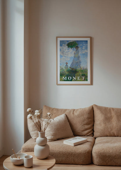 A vibrant poster of a woman with a parasol in an impressionist style.