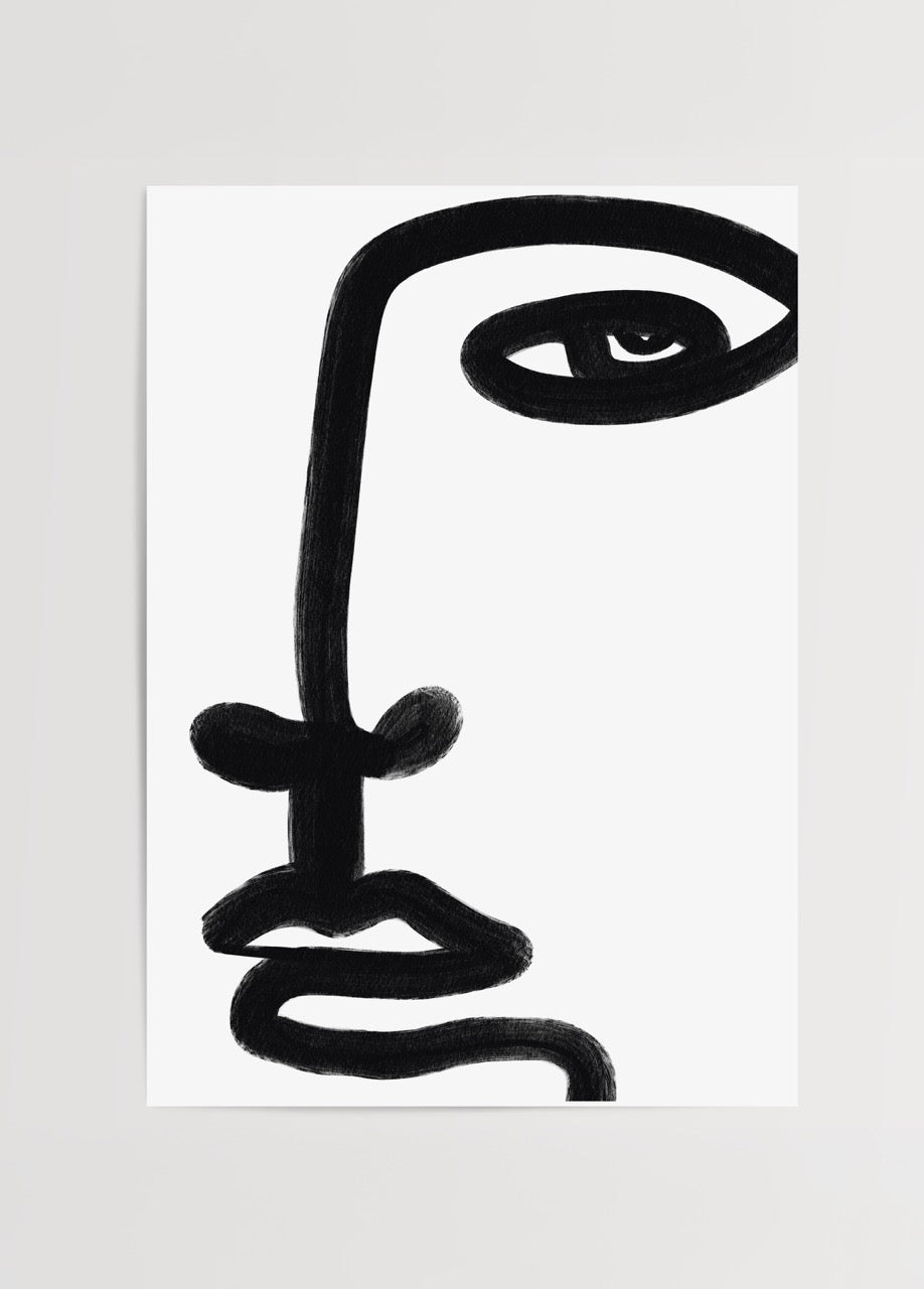 Bold minimalist face line art print on a white background.