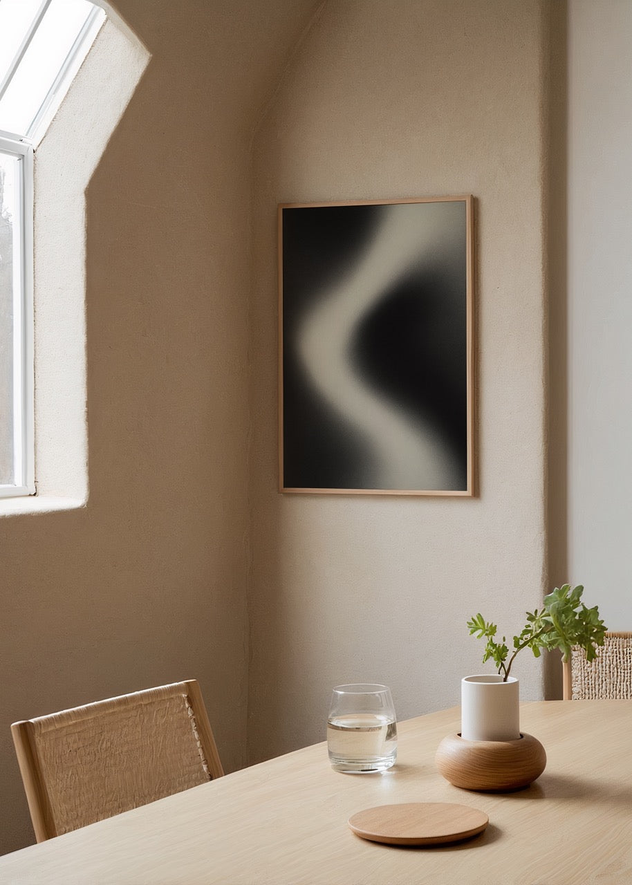 Abstract black and white gradient artwork titled "Monochrome Flow" for modern interiors.