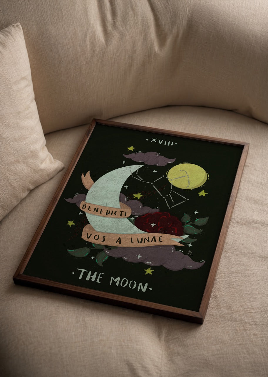 Illustration of a crescent moon with stars and clouds, titled &