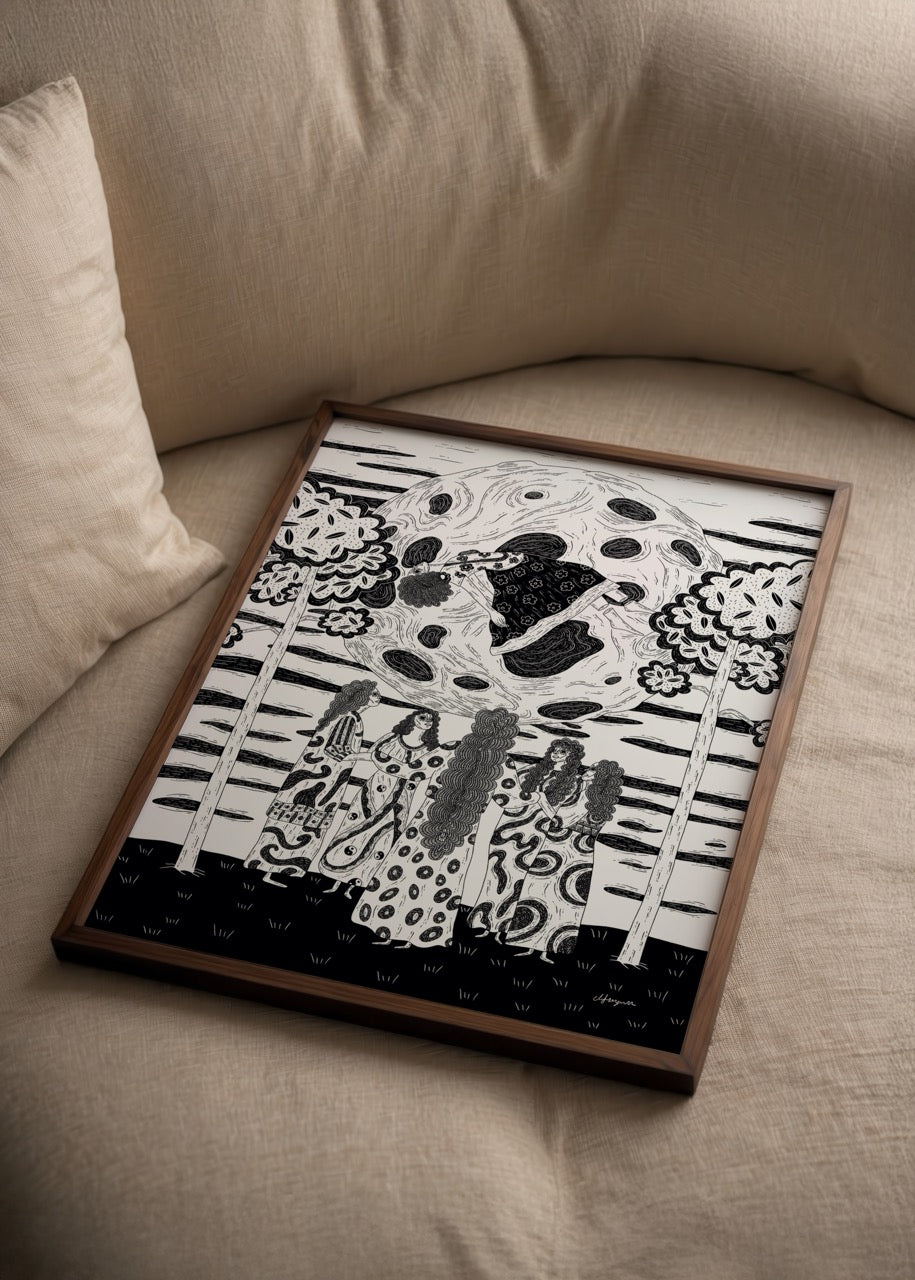 Intricate black-and-white illustrated poster featuring figures under a large moon.