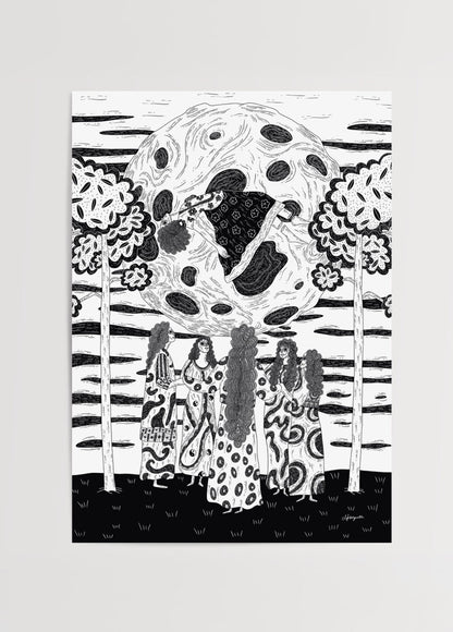 Intricate black-and-white illustrated poster featuring figures under a large moon.