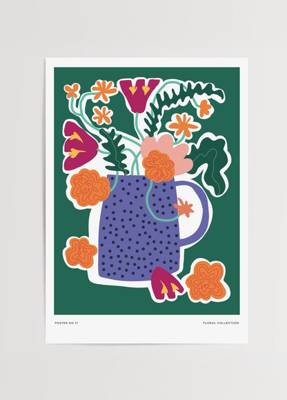Vibrant floral arrangement in a blue pot on a green background, perfect for wall art decor.