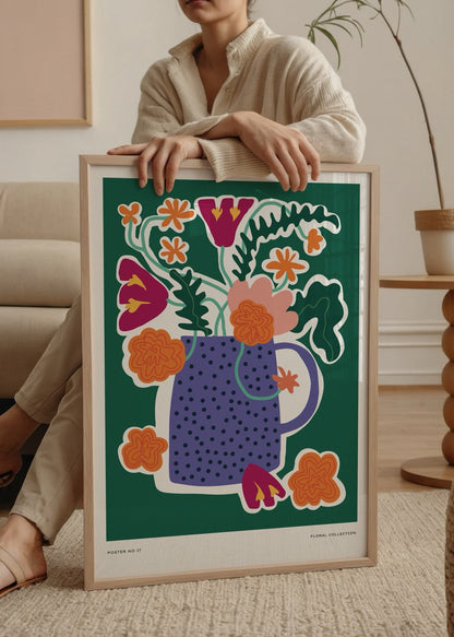 Vibrant floral arrangement in a blue pot on a green background, perfect for wall art decor.