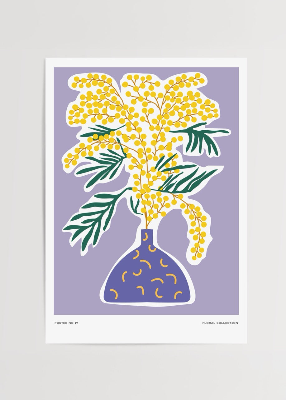 A vibrant art print featuring mimosa flowers in a vase against a lavender backdrop.