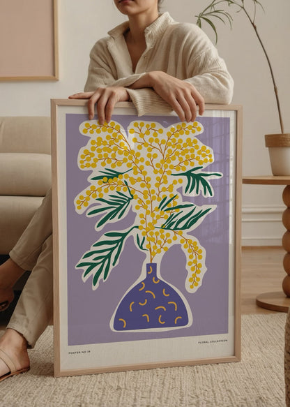 A vibrant art print featuring mimosa flowers in a vase against a lavender backdrop.