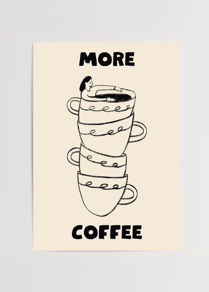 Minimalist coffee art print featuring stacked cups and a whimsical illustration.