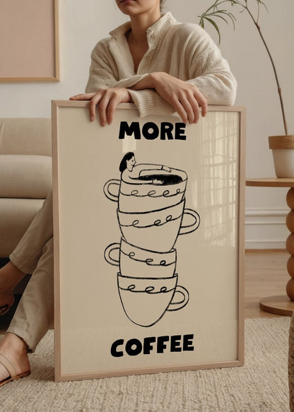 Minimalist coffee art print featuring stacked cups and a whimsical illustration.