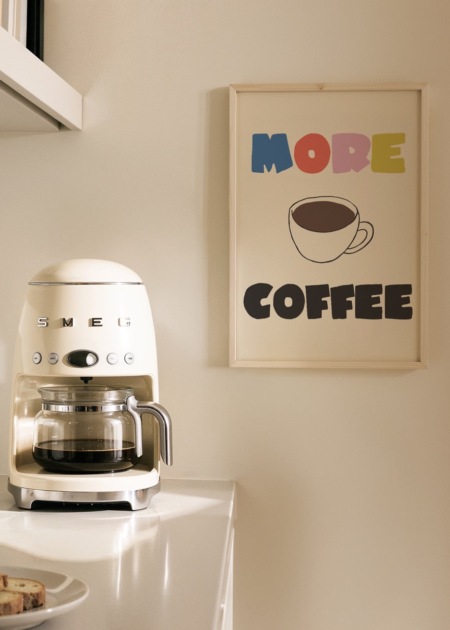 Whimsical poster print featuring a coffee cup and playful typography.