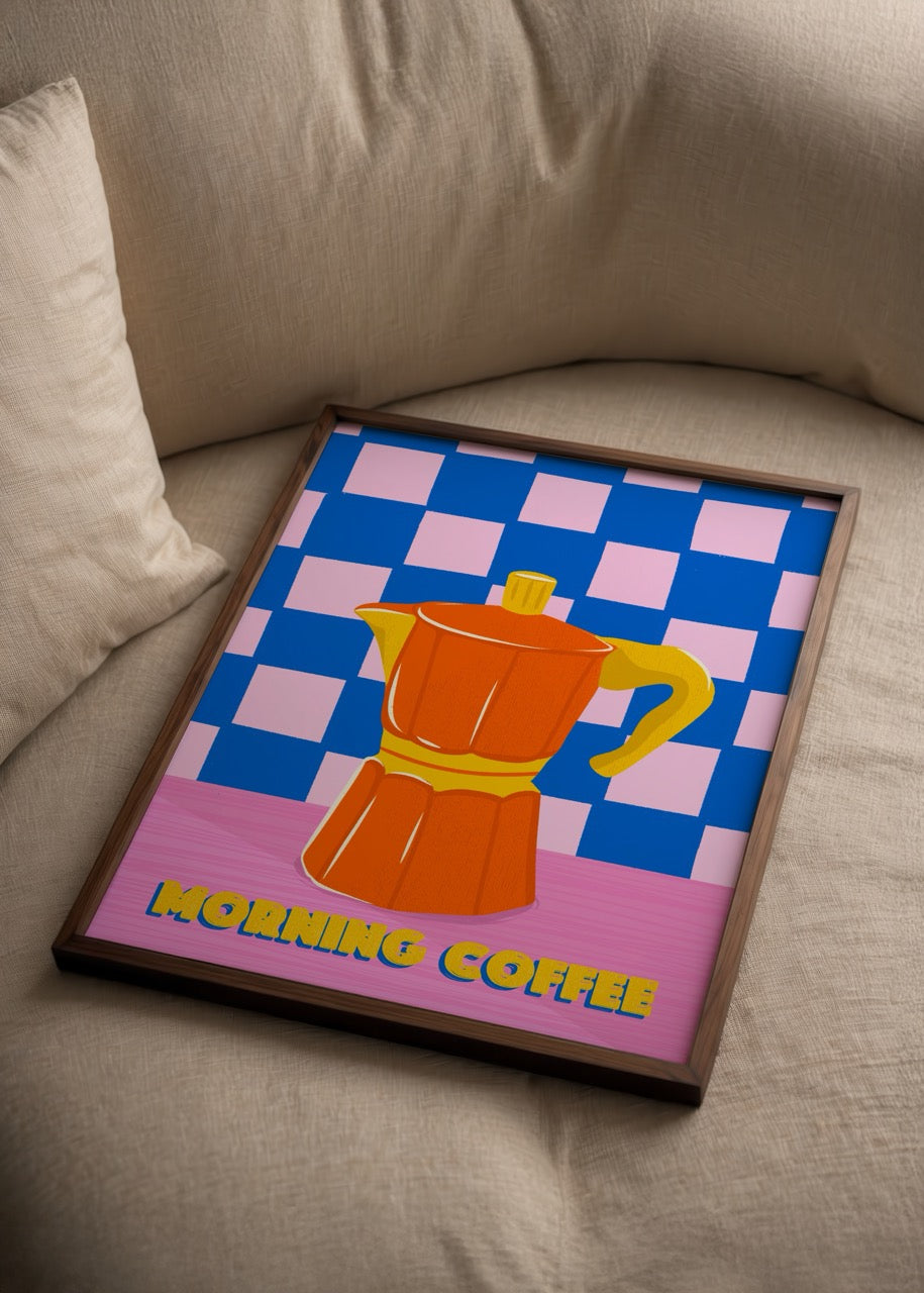 Vibrant poster print featuring a moka pot on a colourful background.
