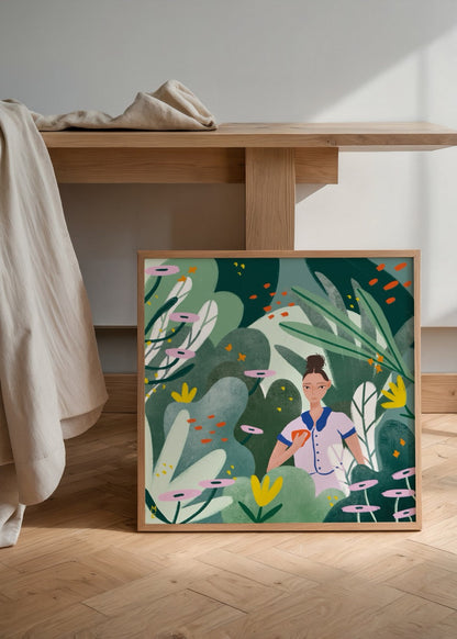 A vibrant illustration of a woman enjoying coffee surrounded by lush greenery.