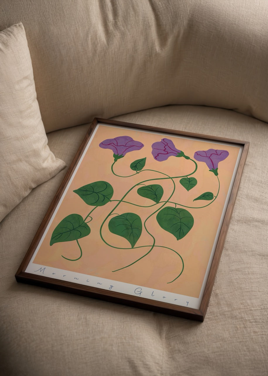 A vibrant illustration of morning glory flowers with green leaves on a warm beige background.