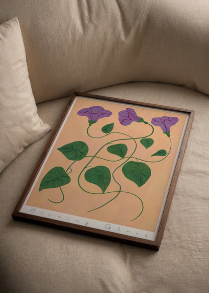 A vibrant illustration of morning glory flowers with green leaves on a warm beige background.