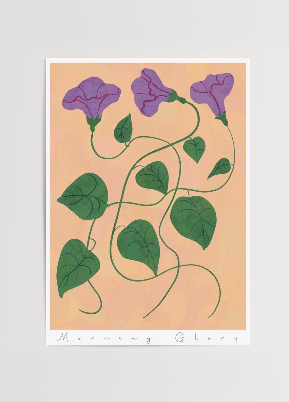 A vibrant illustration of morning glory flowers with green leaves on a warm beige background.