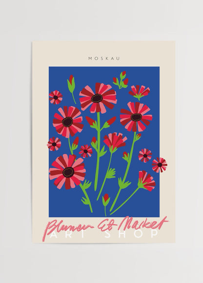 Vibrant floral market print with red flowers on blue background