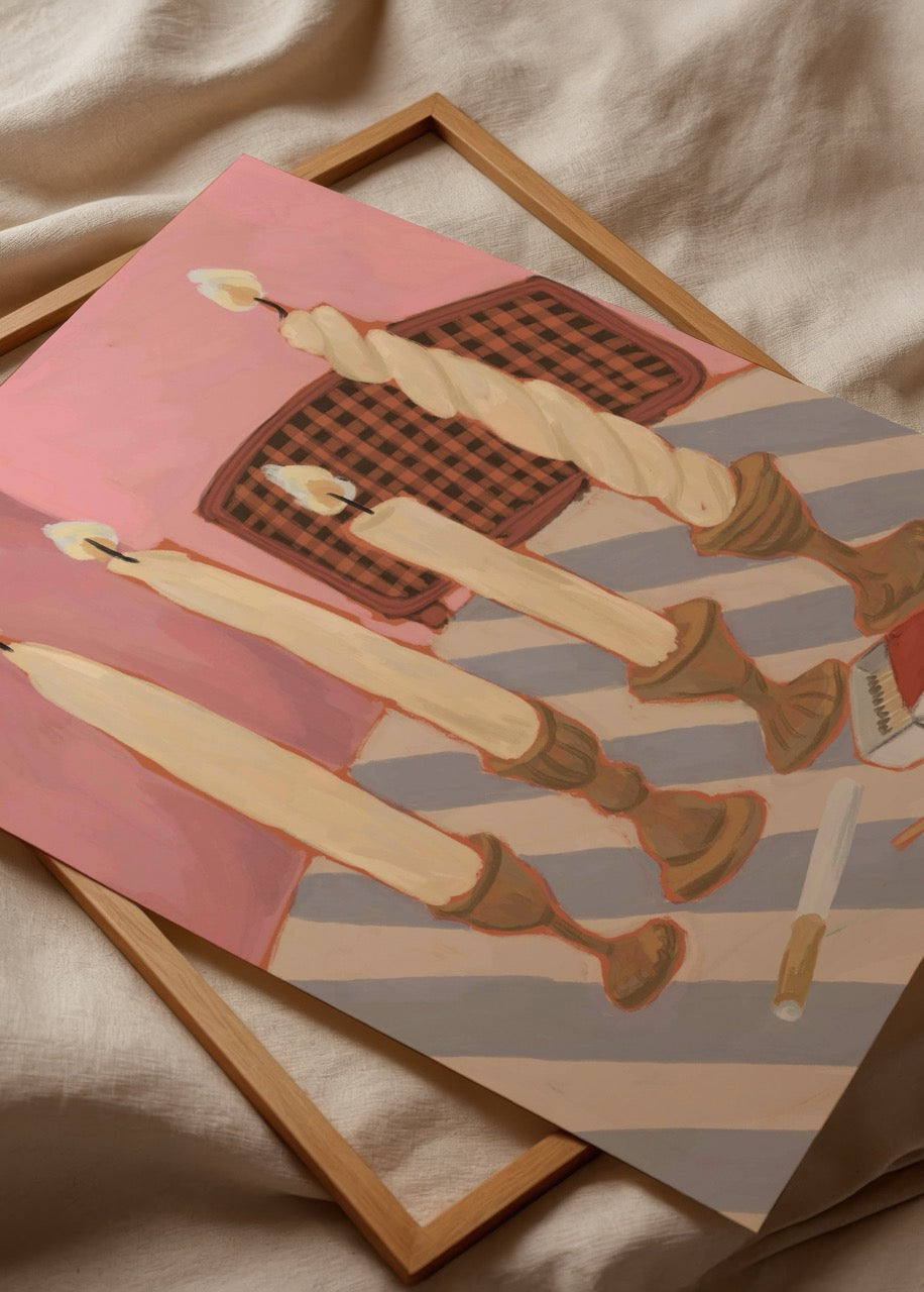 Art print featuring elegant candles on a striped surface, adding warmth and charm.