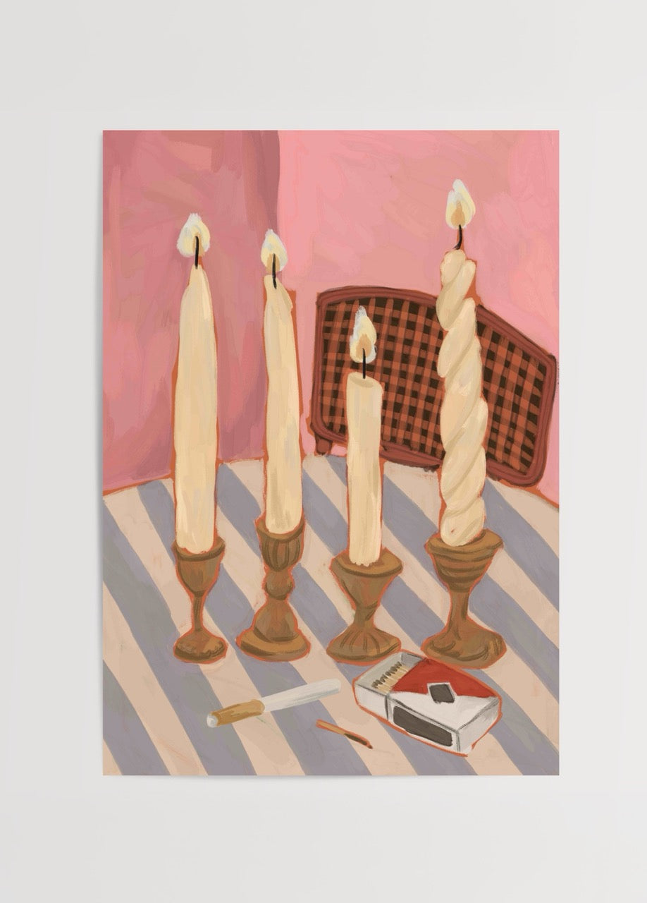 Art print featuring elegant candles on a striped surface, adding warmth and charm.