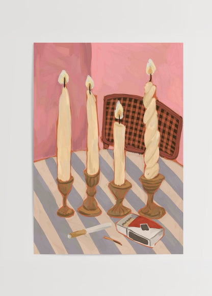 Art print featuring elegant candles on a striped surface, adding warmth and charm.
