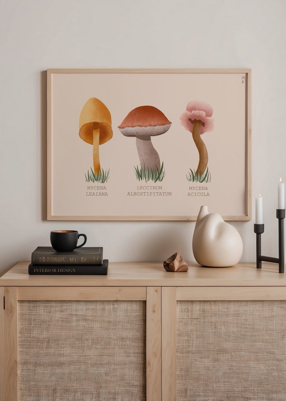 Beautiful mushrooms illustration in earthy tones, perfect for wall art.