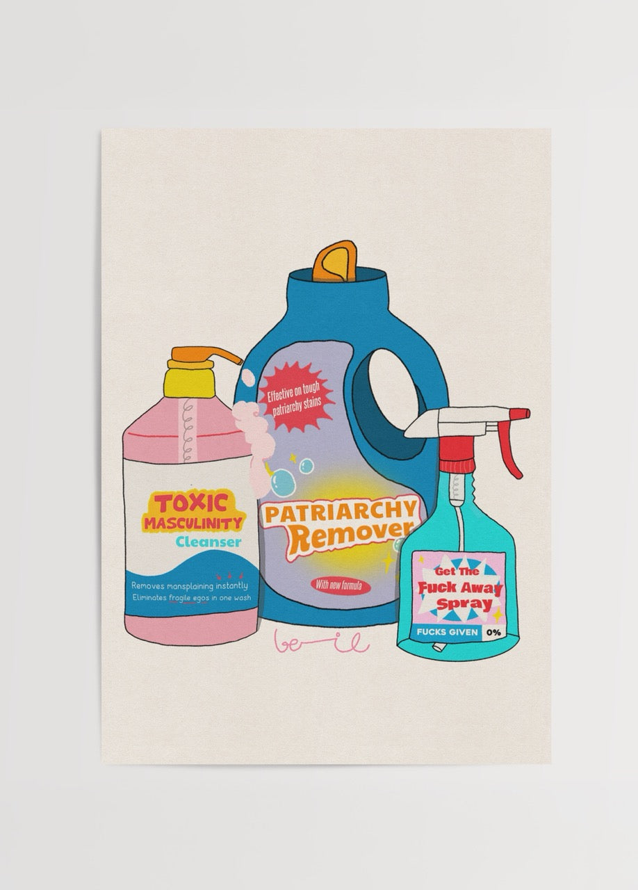 Must-Haves Poster Print featuring playful, bold cleaning product illustrations.
