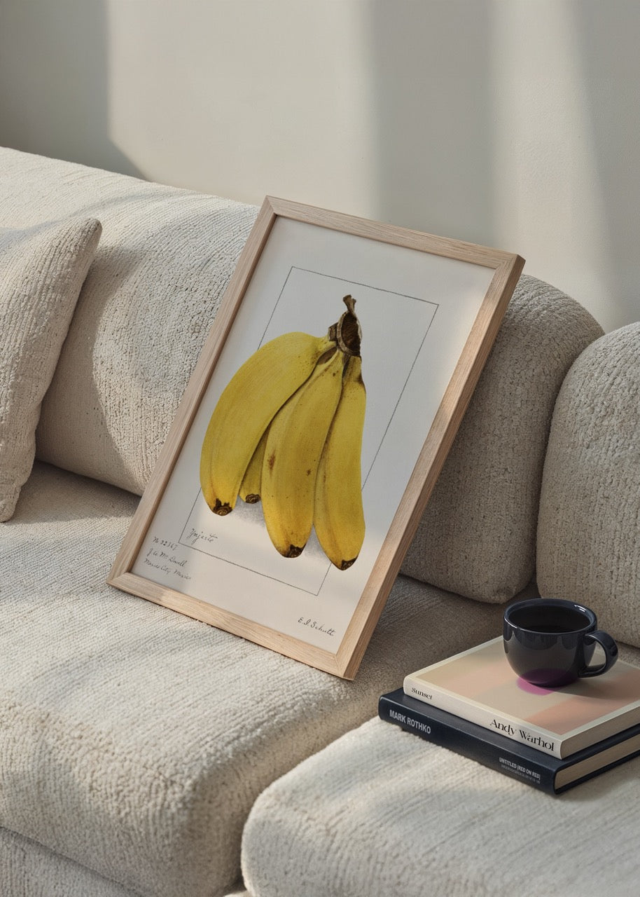 Illustrative print of bananas, showcasing vibrant yellow tones and botanical elegance.
