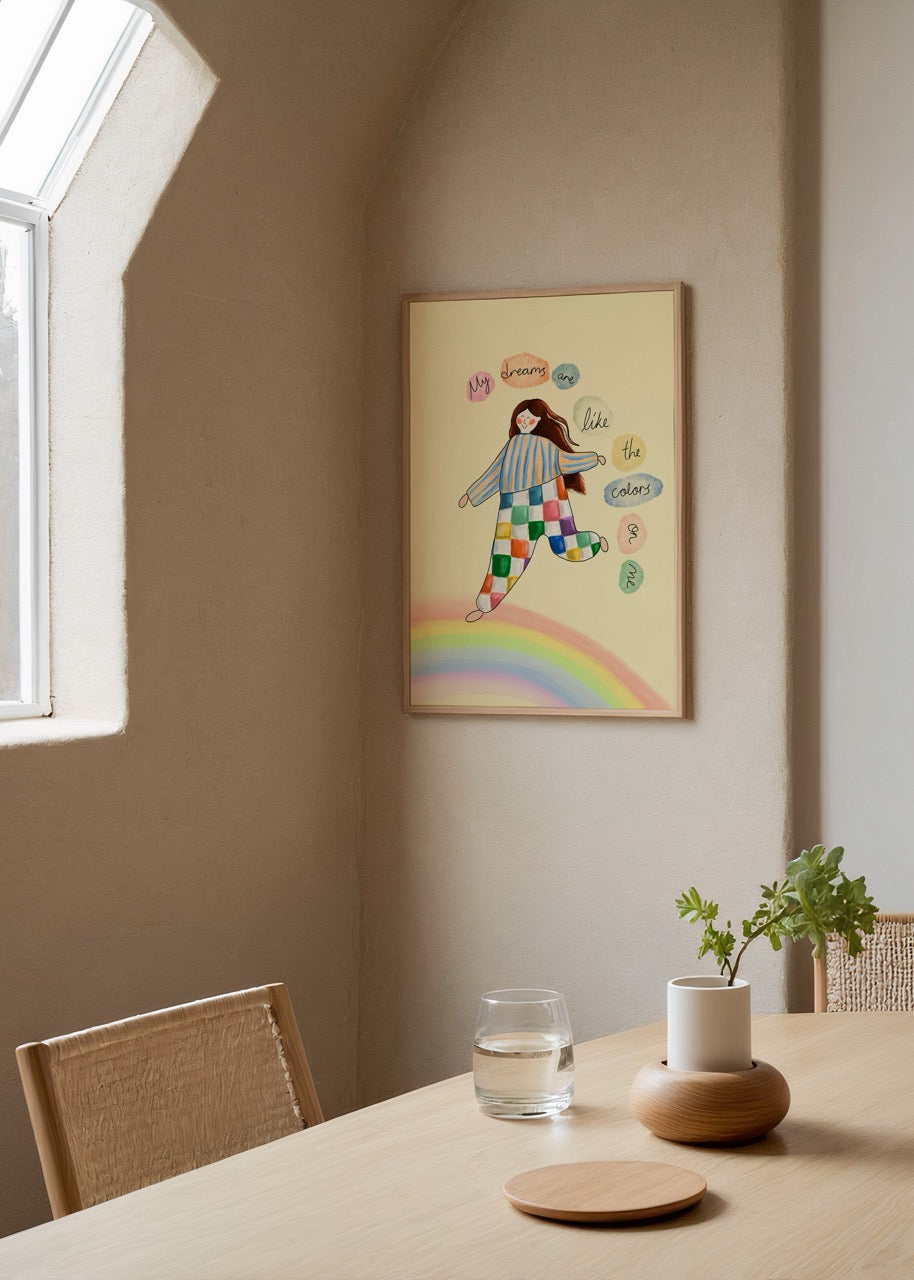 Colourful artwork featuring a figure with dreams as vibrant colours, ideal for whimsical wall decor.