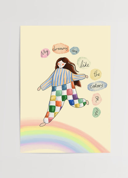 Colourful artwork featuring a figure with dreams as vibrant colours, ideal for whimsical wall decor.