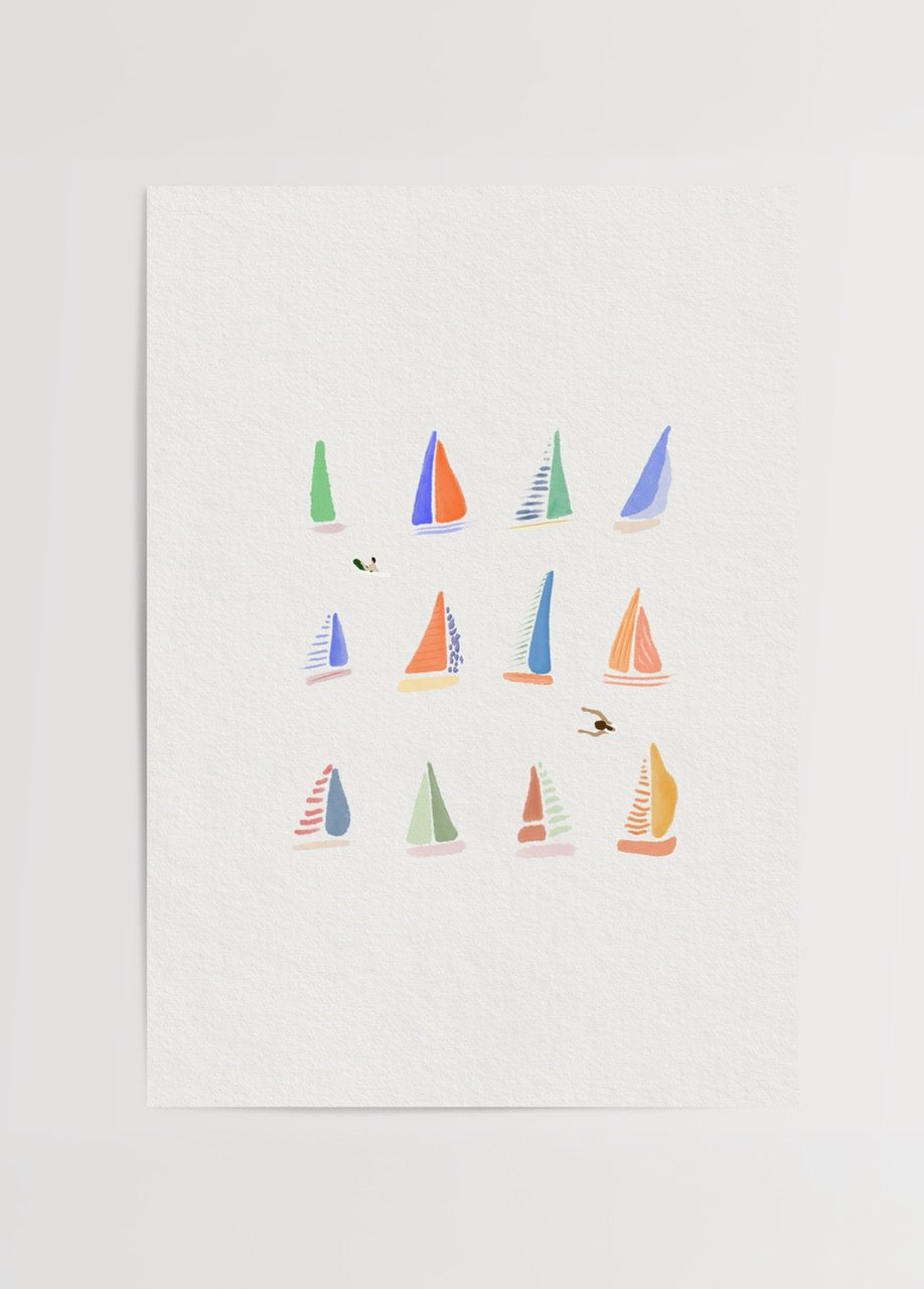 Whimsical small sailing boats in vibrant colours on a textured background.