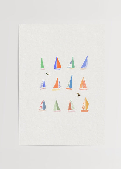 Whimsical small sailing boats in vibrant colours on a textured background.