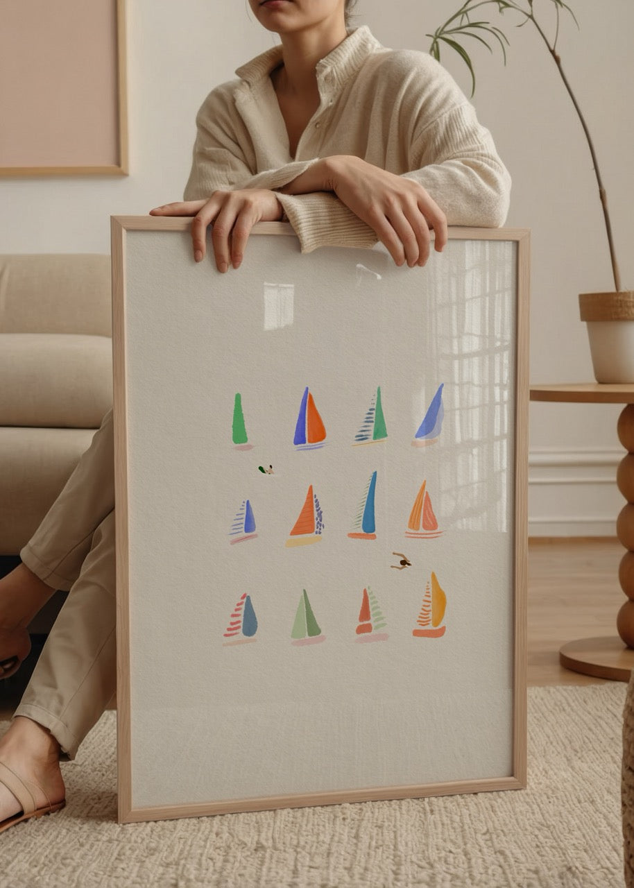 Whimsical small sailing boats in vibrant colours on a textured background.
