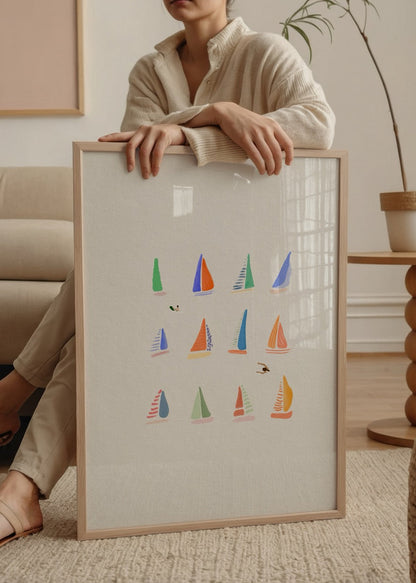 Whimsical small sailing boats in vibrant colours on a textured background.