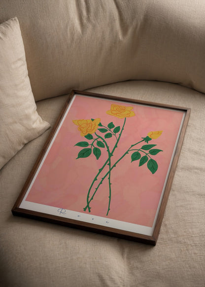 A vibrant poster print featuring yellow roses on a soft pink background.