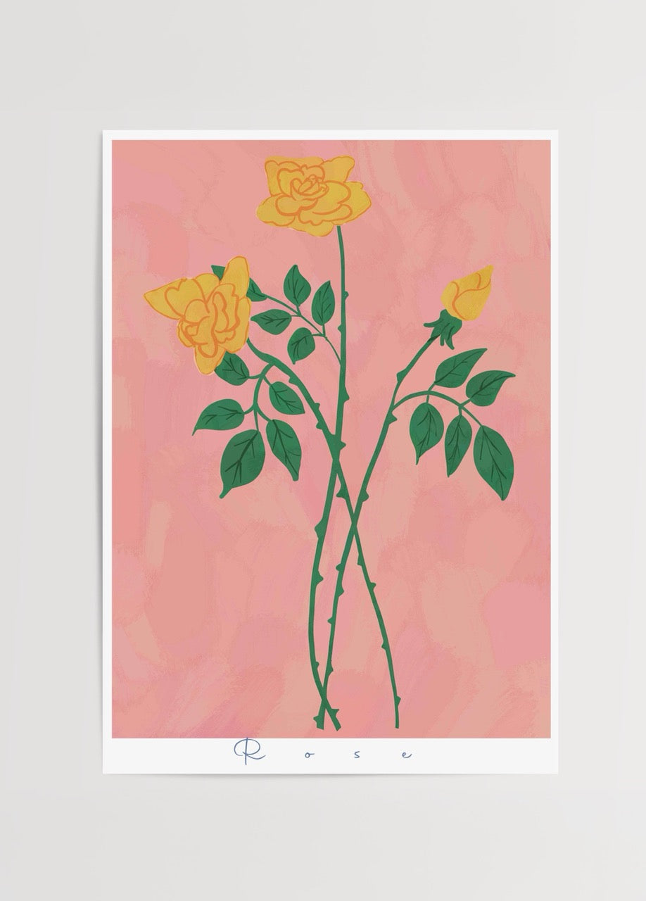 A vibrant poster print featuring yellow roses on a soft pink background.