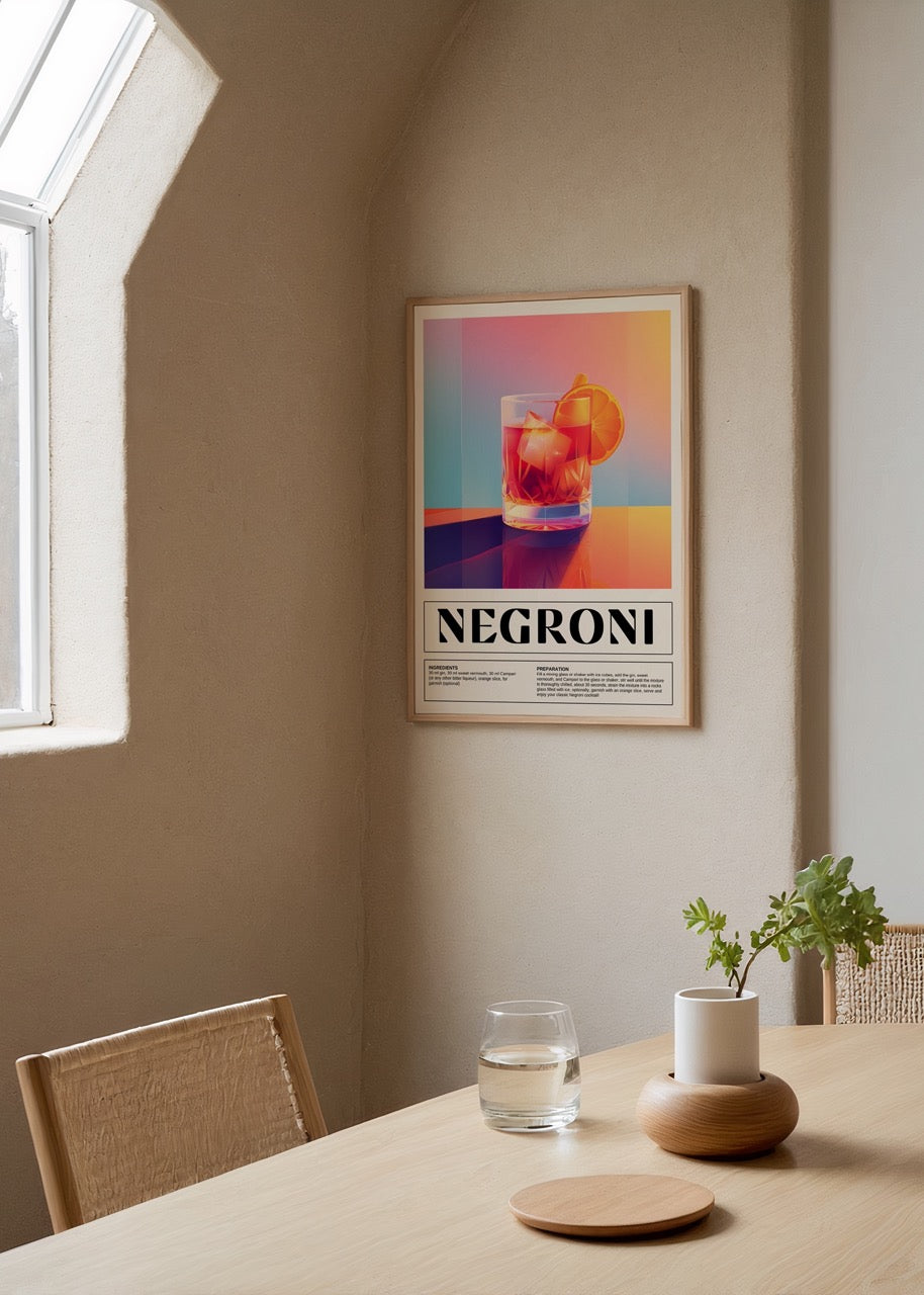 Vibrant art print of a Negroni cocktail with bold colours and modern design.