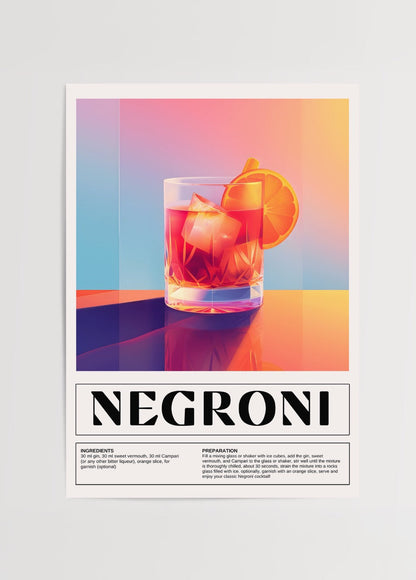 Vibrant art print of a Negroni cocktail with bold colours and modern design.