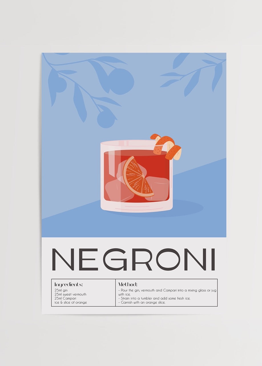 Stylish Negroni cocktail recipe art print featuring vibrant illustration.