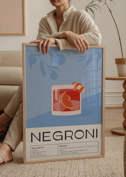 Stylish Negroni cocktail recipe art print featuring vibrant illustration.